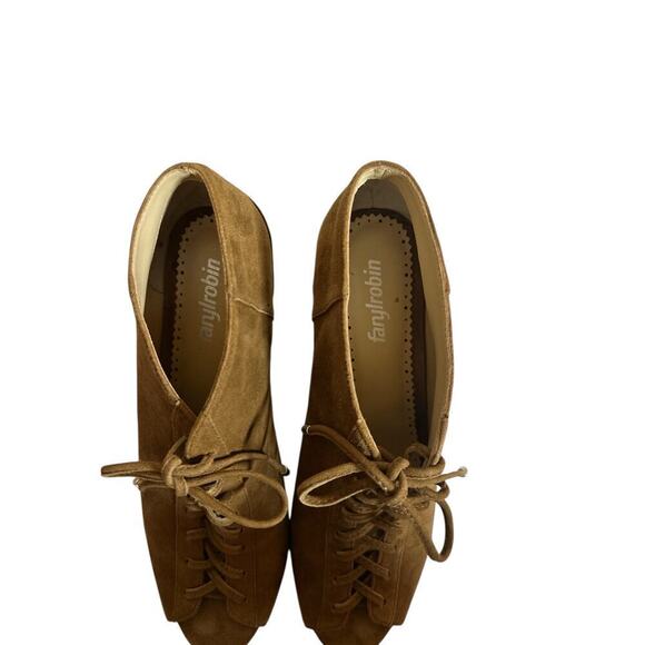 Faryl Robin Women's Peep Toe Suede Lace Up Ankle Stacked Heel Bootie Sz 9 Brown - Picture 8 of 8